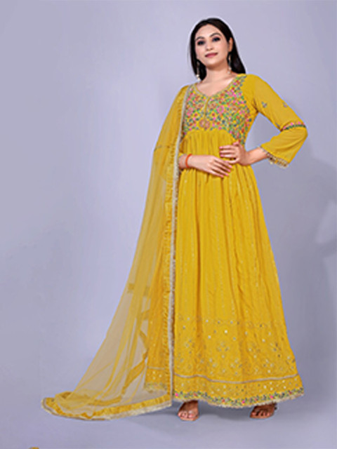 

kasee Yellow Floral Georgette Embroidered Ethnic Dress With Dupatta