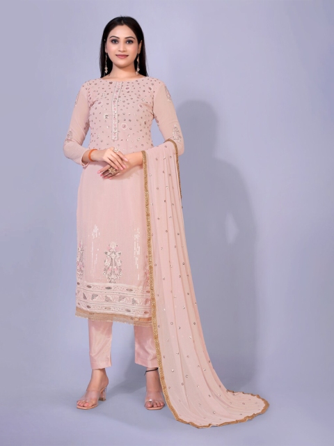 

kasee Women Peach-Coloured Floral Embroidered Sequinned Kurta with Trousers & With Dupatta