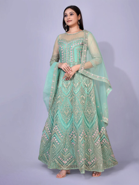 

kasee Blue Embellished Net Embroidered Ethnic Dress With Dupatta