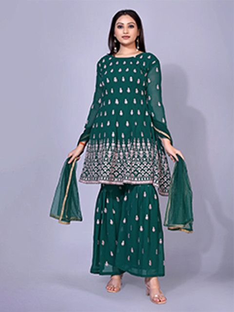 

kasee Women Green Floral Embroidered Kurta with Sharara & With Dupatta