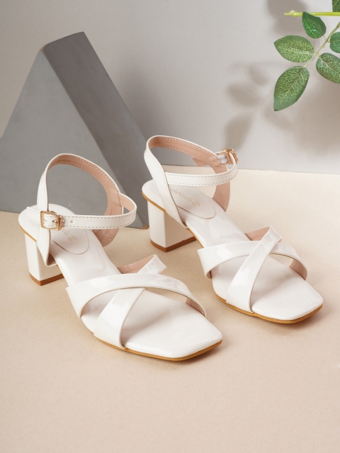 

HEELSNFEELS Women White Solid Block Heels with Buckles