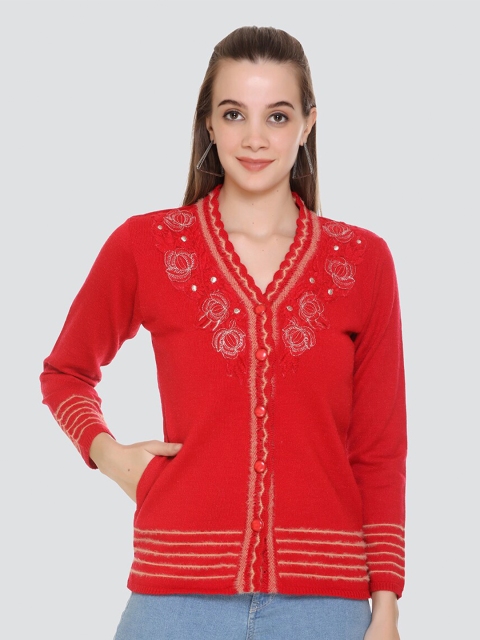 

Arshiya Women Red & Brown Floral Embroidered Open Front Cardigan