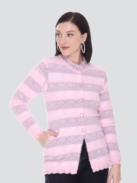 

Arshiya Women Pink & Purple Striped Open Front Cardigan with Fuzzy Detail