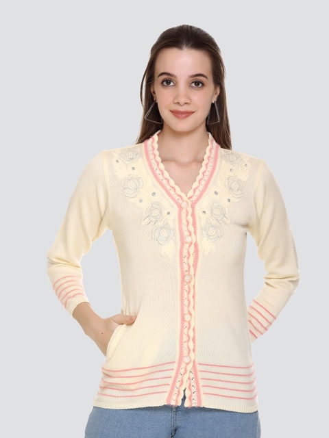 

Arshiya Women Cream-Coloured & Pink Floral Open Front Cardigan