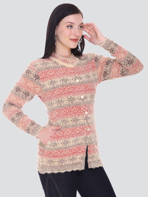 

Arshiya Women Beige & Red Open Front Cardigan with Fuzzy Detail