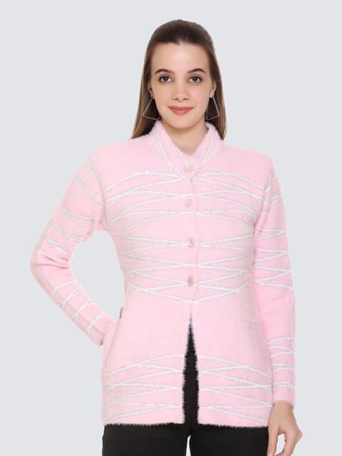 

Arshiya Women Pink & White Open Front Cardigan with Fuzzy Detail