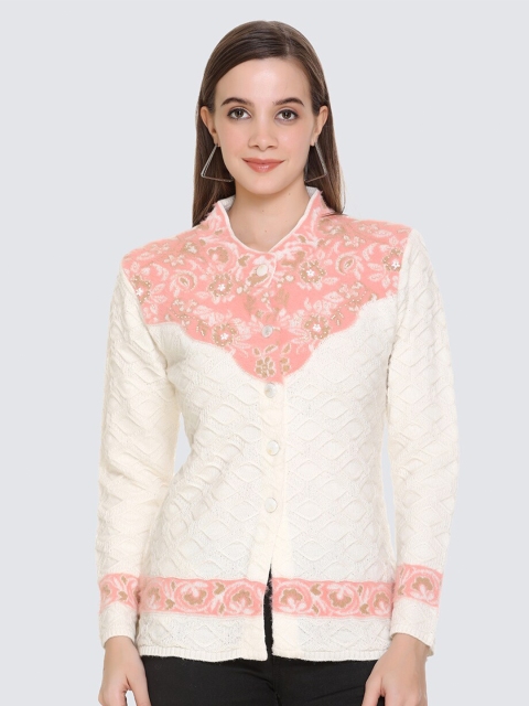 

Arshiya Women Cream-Coloured & Pink Cotton Open Front Cardigan