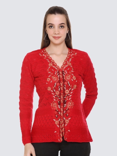 

Arshiya Women Red & Beige Floral Embroidered Open Front Cardigan