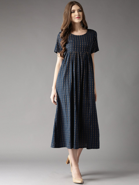 

Moda Rapido Women Navy Self-Design Midi Empire-Line Dress, Navy blue