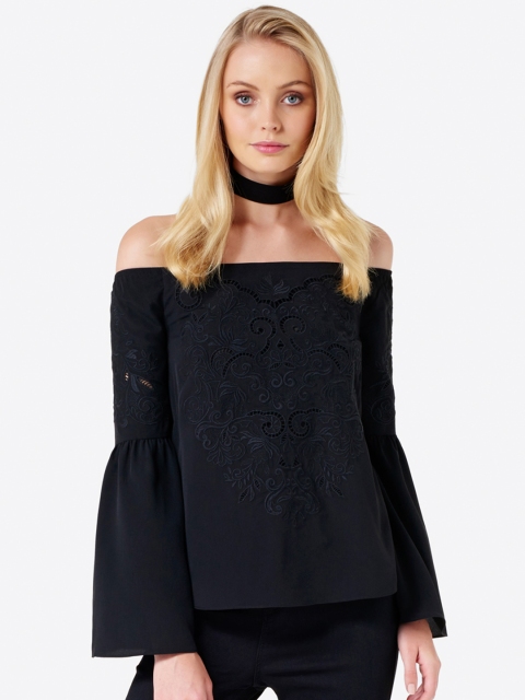 

Forever New Women Black Embroidered Bardot Top