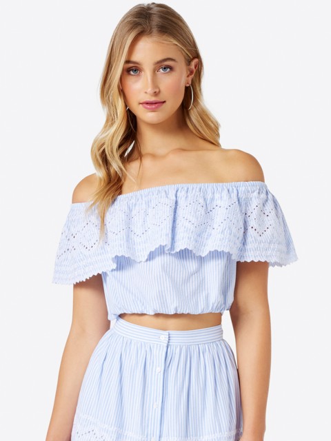 

Forever New Women Blue Striped Layered Bardot Crop Top