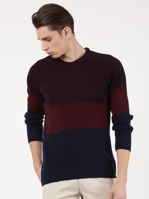 

ether Men Red & Navy Blue Colourblocked Pullover Sweater