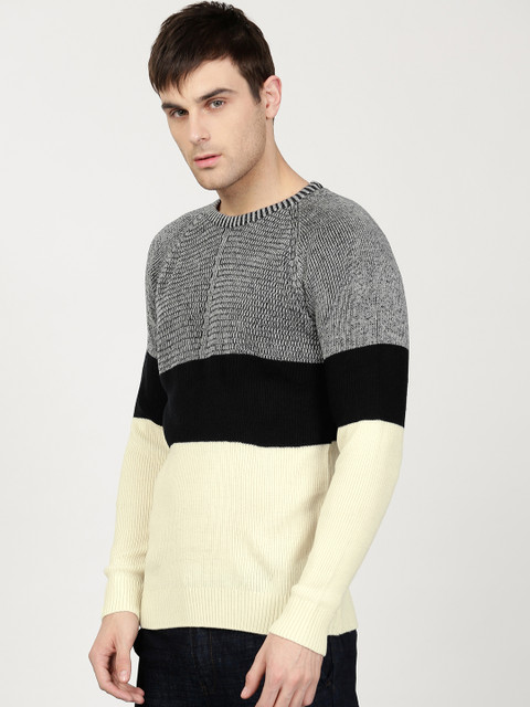 

ether Men Navy & Cream Colourblocked Sweater, Navy blue