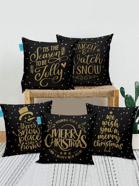 

TIED RIBBONS Black & Gold-Toned Set of 5 Printed Square Cushion Covers