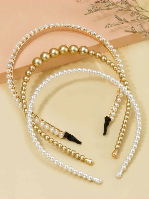 

EL REGALO Women Set of 3 White & Gold-Toned Beaded Fabric and Metal Hairband