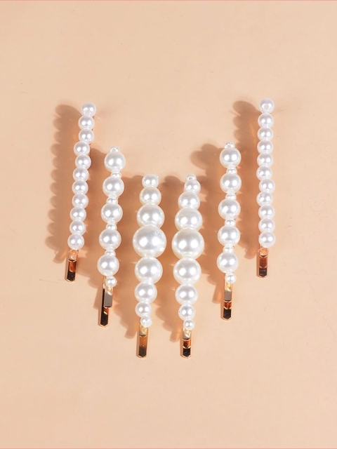 

EL REGALO Women Set of 6 White & Gold Embellished Tic Tac Hair Clips