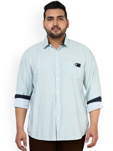 

John Pride Plus Size Men White Green Smart Fit Checked Casual Shirt