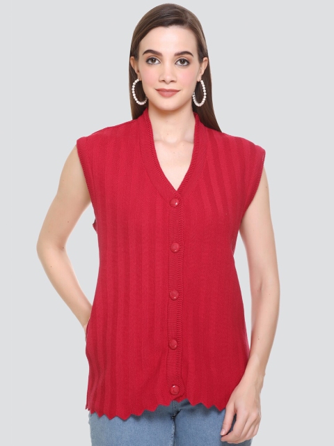 

NITSLINE Women Red Striped Woolen Cardigan