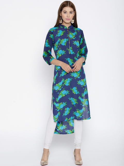 

Jashn Women Navy & Green Floral Print Crepe Straight Kurta, Navy blue