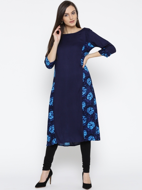 

Jashn Women Navy Printed Straight Kurta, Navy blue