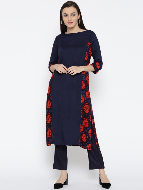 

Jashn Women Navy Printed Straight Kurta, Navy blue
