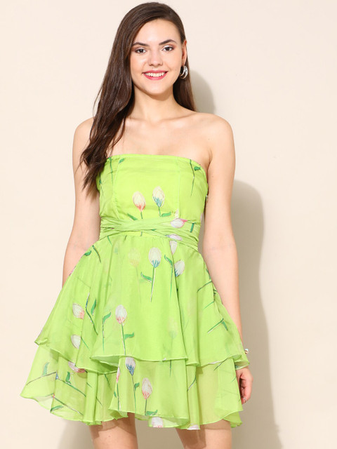 

SCORPIUS Green Floral Strapless Dress