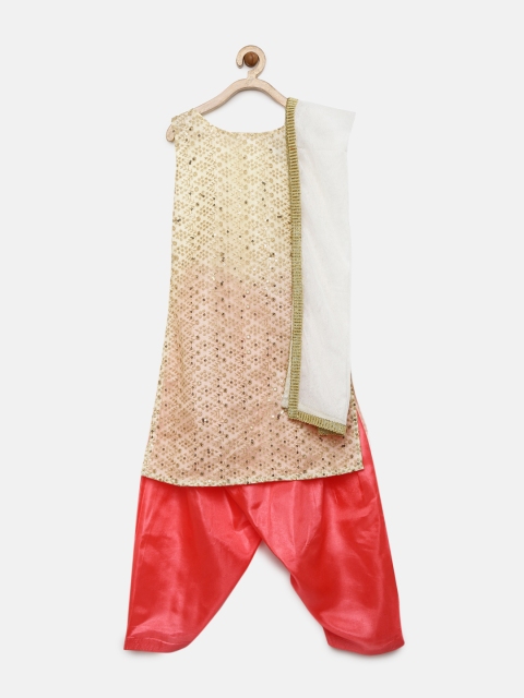 

YK Girls Beige & Coral Embroidered Kurta with Patiala & Dupatta