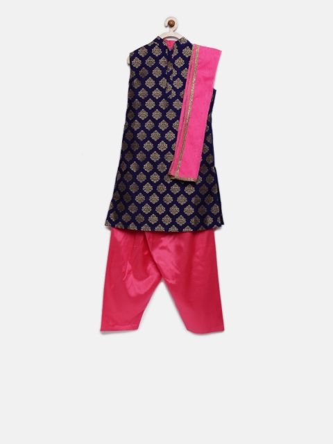 

Yellow Kite Girls Navy Blue & Pink Self Design Kurta with Salwar & Dupatta