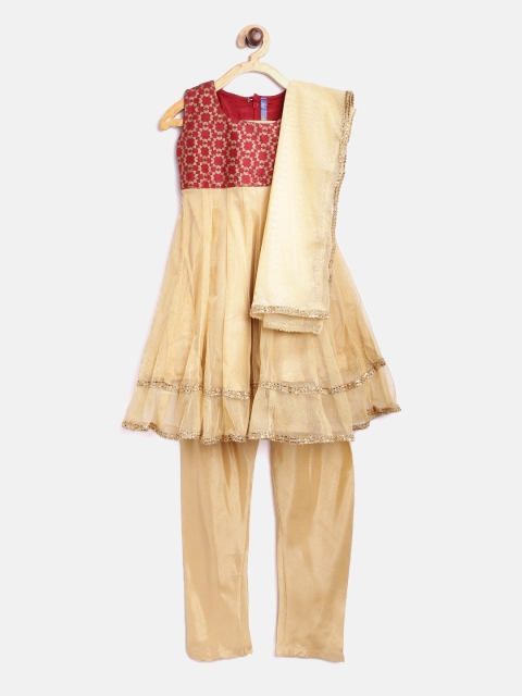 

Yellow Kite Girls Beige & Maroon Printed Kurta with Churidar & Dupatta