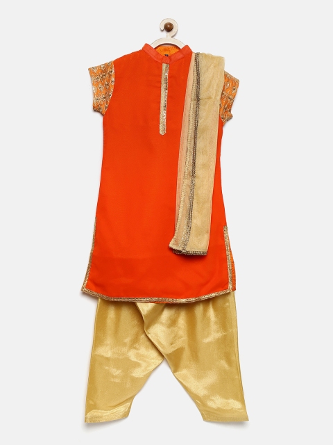 

YK Girls Orange & Gold-Toned Solid Kurta with Salwar & Dupatta