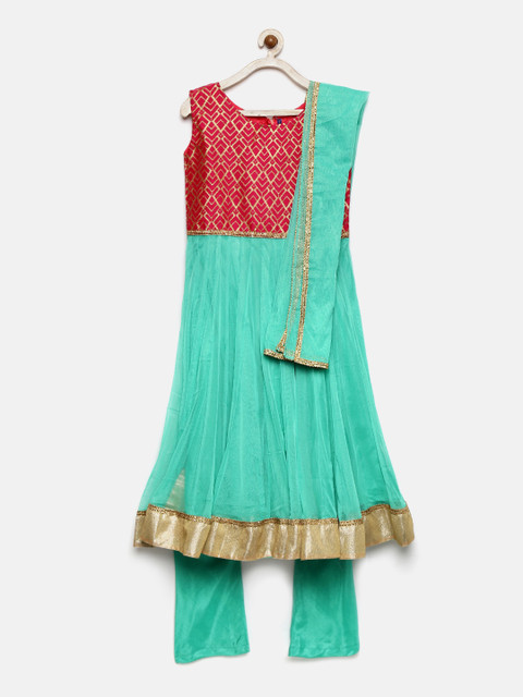 

YK Girls Pink & Green Solid Kurta with Salwar & Dupatta