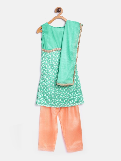 

Yellow Kite Girls Green & Peach-Coloured Embroidered Kurta with Salwar & Dupatta