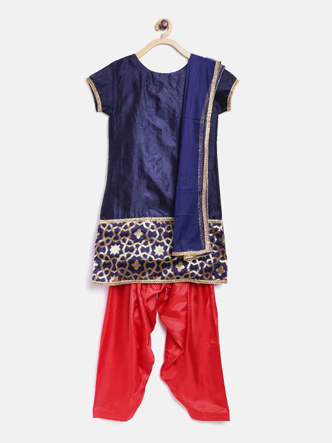 

Yellow Kite Girls Navy & Red Printed Kurta with Patiala & Dupatta, Navy blue