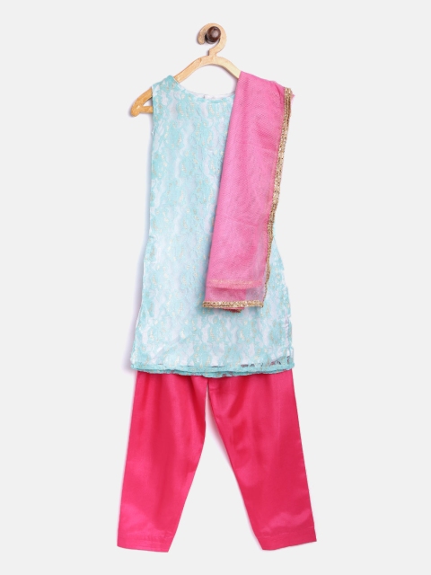 

Yellow Kite Girls Blue & Pink Patterned Kurta with Salwar & Dupatta
