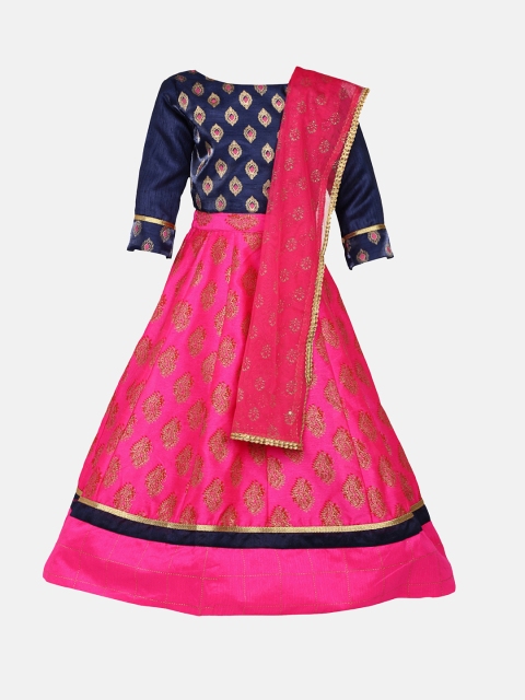 

Yellow Kite Girls Navy & Pink Printed Flared Lehenga Choli with Dupatta, Blue
