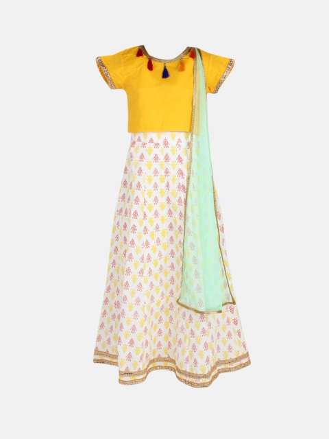 

YK Girls Yellow & Cream-Coloured Printed Flared Lehenga Choli with Dupatta