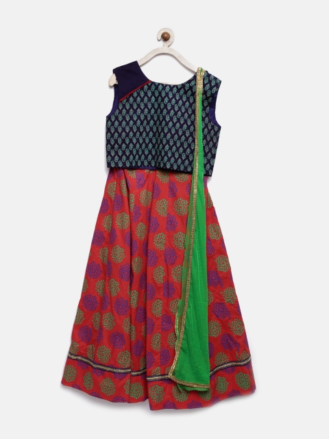 

Yellow Kite Girls Navy & Red Printed Flared Lehenga Choli with Dupatta, Navy blue