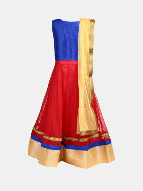 Yellow Kite Girls Blue & Coral Pink Lehenga Choli with Dupatta