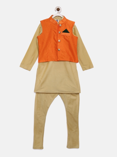 

Yellow Kite Boys Beige & Orange Solid Kurta with Waistcoat & Churidar