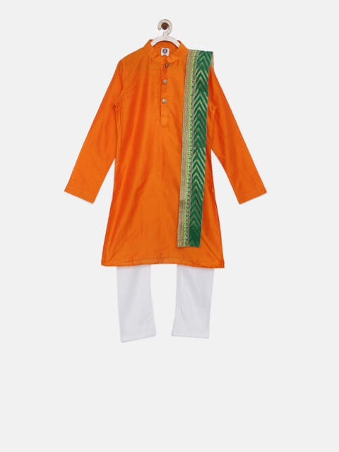 

Yellow Kite Boys Orange & White Solid Kurta with Churidar & Dupatta