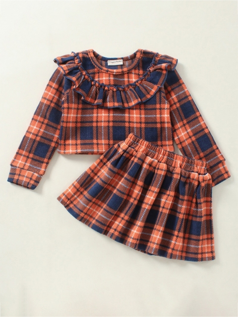 

CrayonFlakes Girls Orange & Navy Blue Printed Top with Skirt