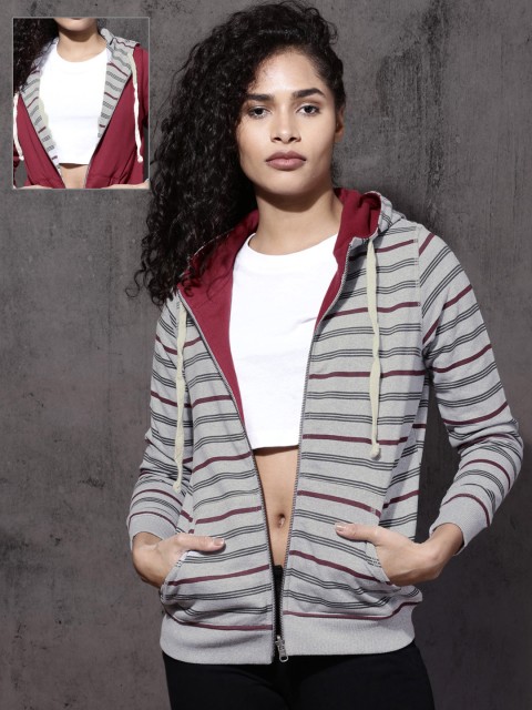 

Roadster Women Grey Melange & Maroon Striped Reversible Hooded Sweatshirt