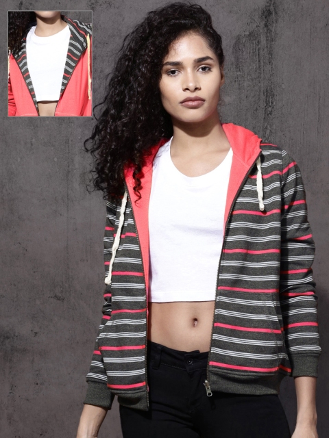 

Roadster Women Grey & Pink Striped Reversible Hooded Sweatshirt