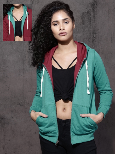 

Roadster Women Turquoise Blue & Maroon Solid Reversible Hooded Sweatshirt