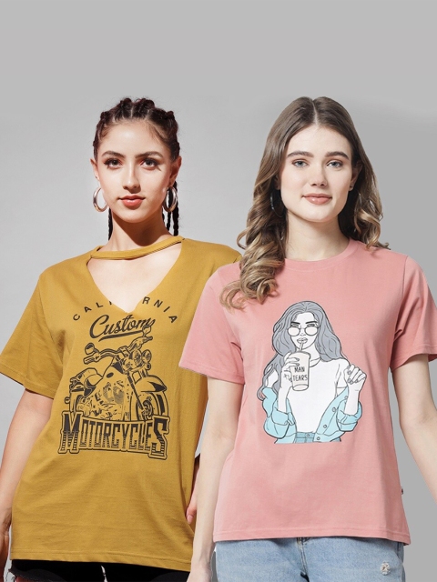 

The Dry State Women Pack of 2 Printed Cotton T-shirt, Rose