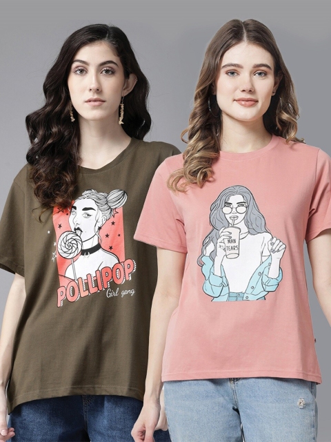

The Dry State Women Pack of 2 Printed Cotton T-shirt, Rose