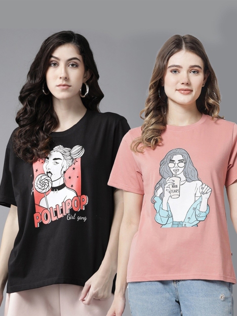 

The Dry State Women Pack of 2 Printed Cotton T-shirt, Rose