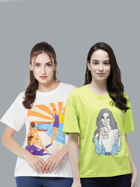 

The Dry State Women Pack of 2 Printed Cotton T-shirt, Fluorescent green
