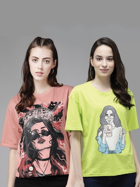 

The Dry State Women Pack of 2 Printed Cotton T-shirt, Fluorescent green