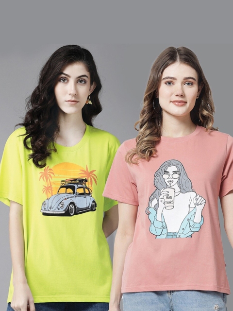 

The Dry State Women Pack of 2 Printed Cotton T-shirt, Rose